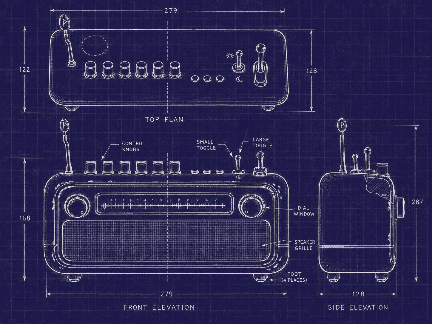 A drafted blueprint of the Mana Box in three orthographic projections — top plan, front elevation and side elevation — with dimension lines and leaders naming the control knobs, the two toggles, the dial window, the speaker grille and the feet. The dial is marked in runes and the stone at the antenna's tip carries the Thurisaz mark.