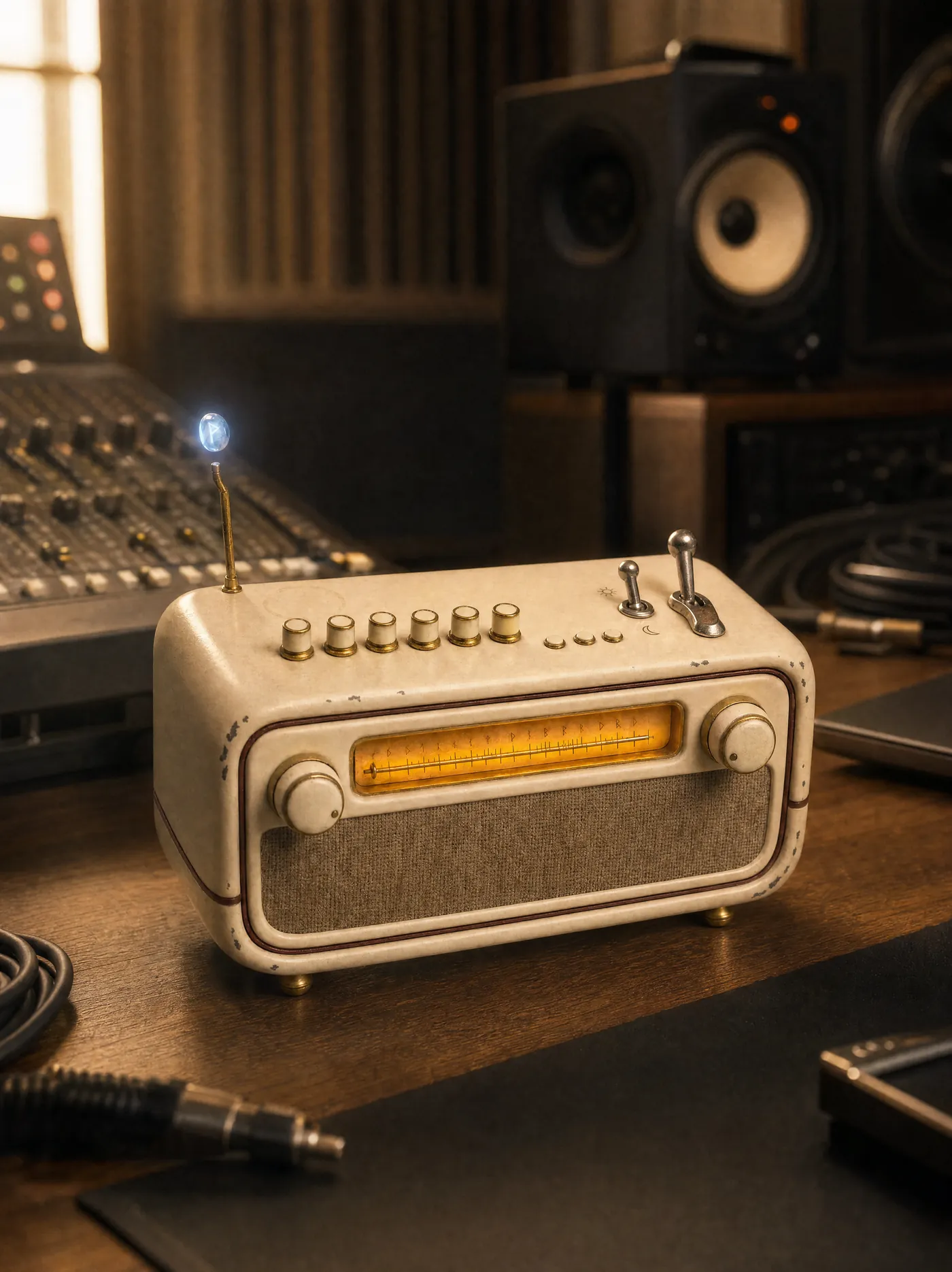 The mana box alone on a desk in a small music studio, its dial lit amber and a pale blue stone floating above the antenna. The edge of a mixing console, a studio monitor on a stand and acoustic panelling sit softly out of focus behind it.