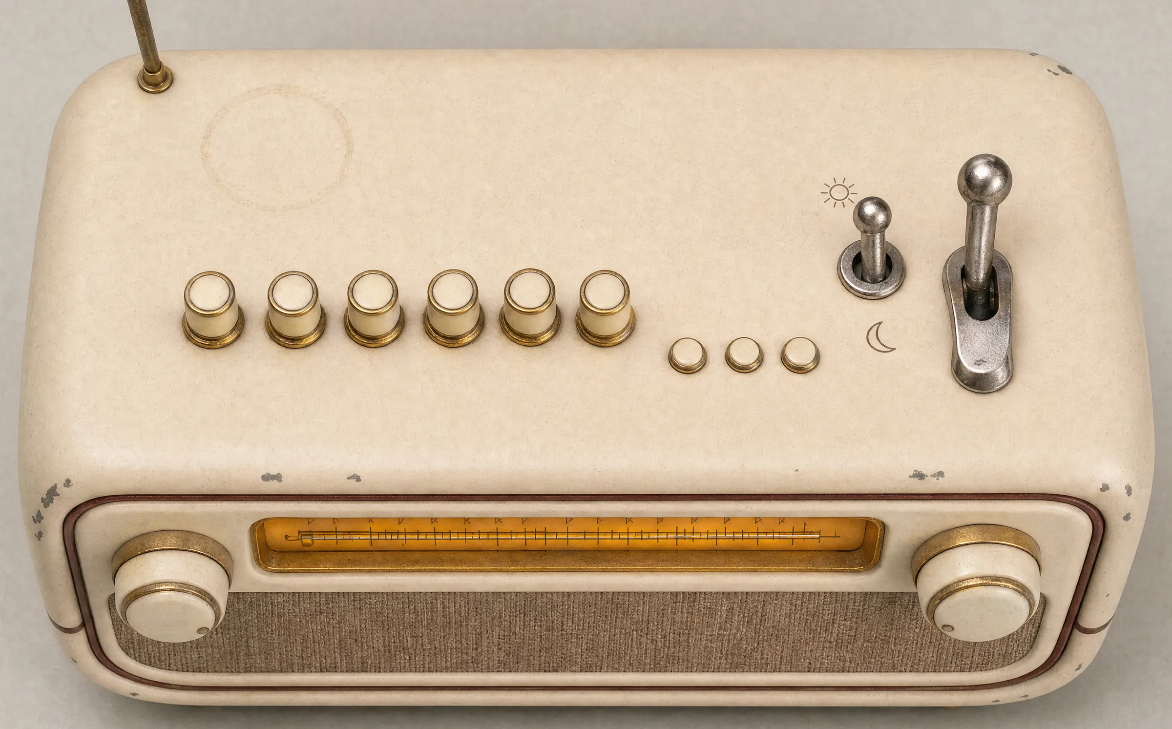 The Mana Box seen from directly above: six ivory preset knobs and three small brass buttons across the top deck, a sun and a moon engraved beside two steel toggle switches, and the amber tuning window and woven grille on the front face below.