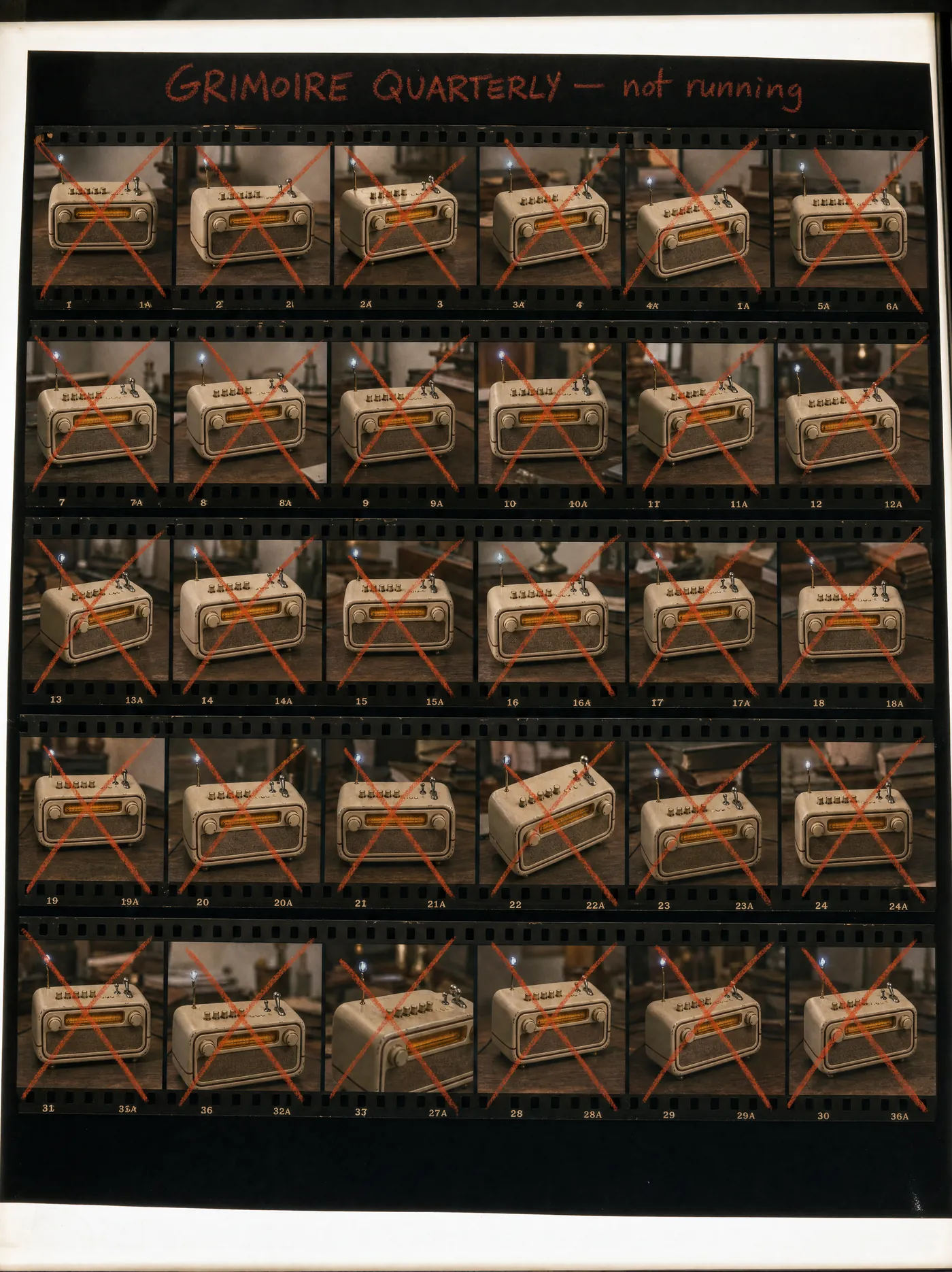A 35mm contact sheet: thirty frames of the Mana Box shot on a workbench from every angle, and every single frame struck out with an orange grease-pencil cross. Across the top, in the same pencil, someone has written Grimoire Quarterly — not running.