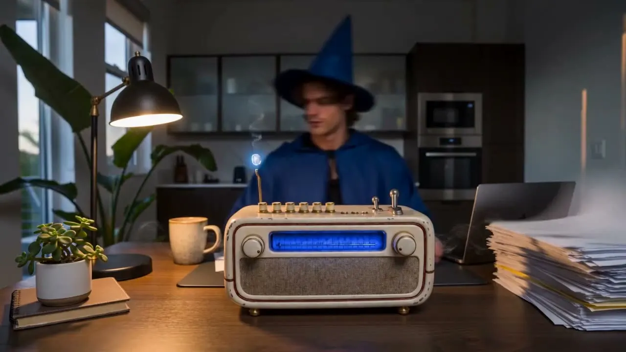 Night. The Mana Box sits lit on a desk with its tuning window glowing and the stone at the tip of its antenna alight; a reading lamp, a mug and a stack of paper share the desk, and its owner has sat back out of focus behind it while it plays.