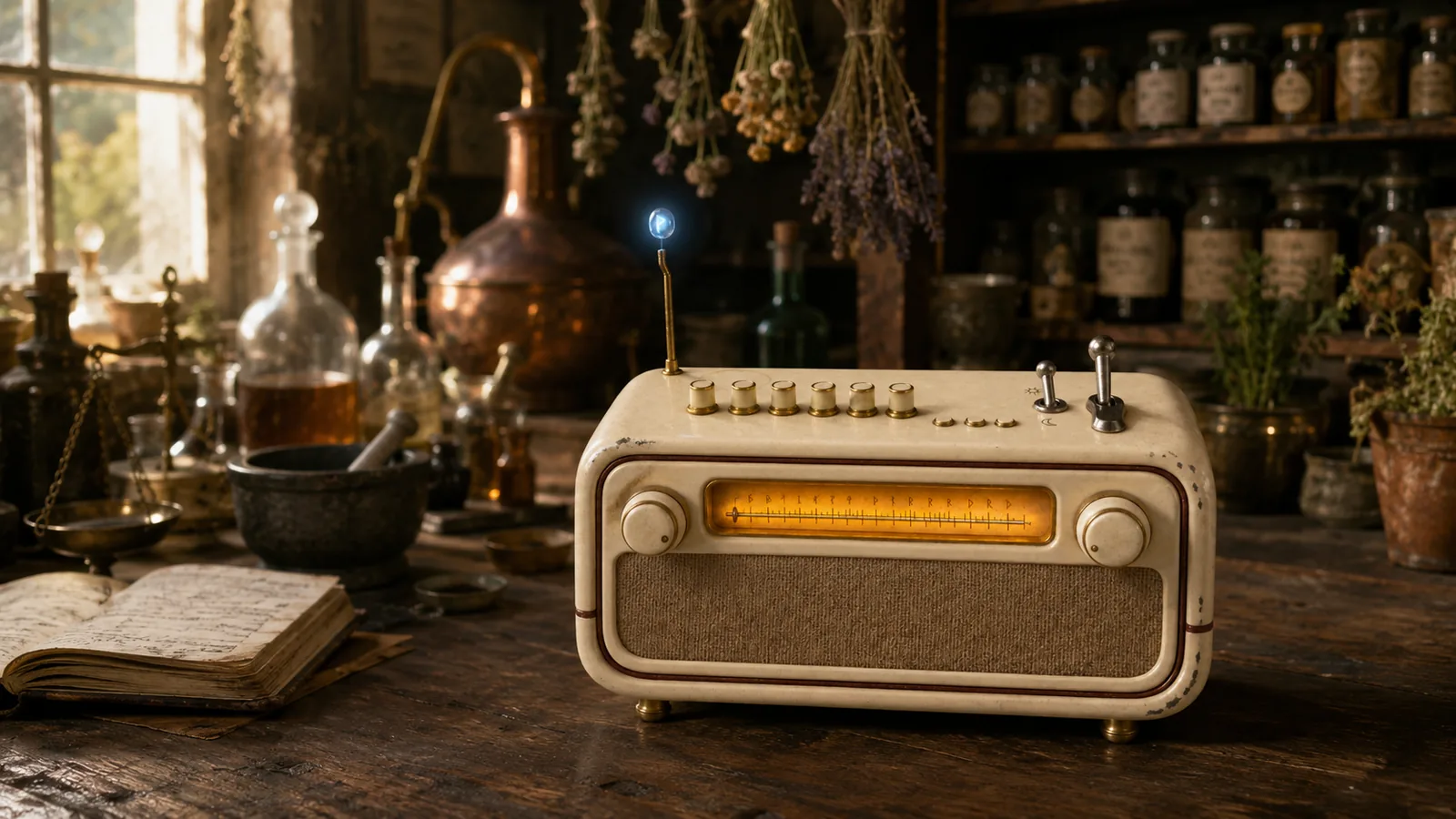 The mana box on a scarred wooden bench in an alchemist's kitchen, its dial lit amber and a pale blue stone floating above the brass antenna. A copper still, a set of brass scales, a stone mortar and an open handwritten ledger crowd the bench to its left; bunches of dried lavender and herbs hang over it; shelves of labelled apothecary jars fill the wall behind. Low sun comes through a window at the far left.