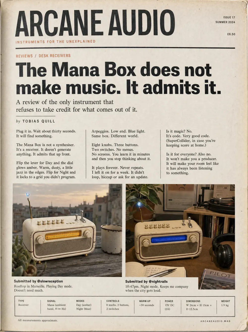 Arcane Audio, issue 17: a full-page review of the Mana Box by Tobias Quill, with two reader photographs and a specification table.