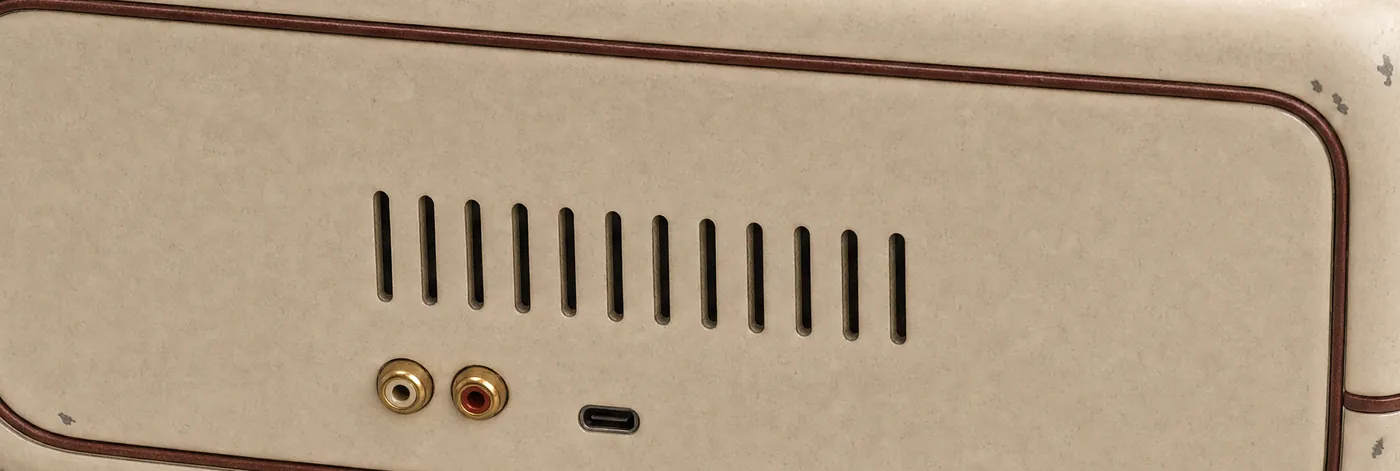 The back of the Mana Box, straight on: two gold RCA line outputs, a USB-C socket and a row of milled ventilation slots in the bone-coloured shell.