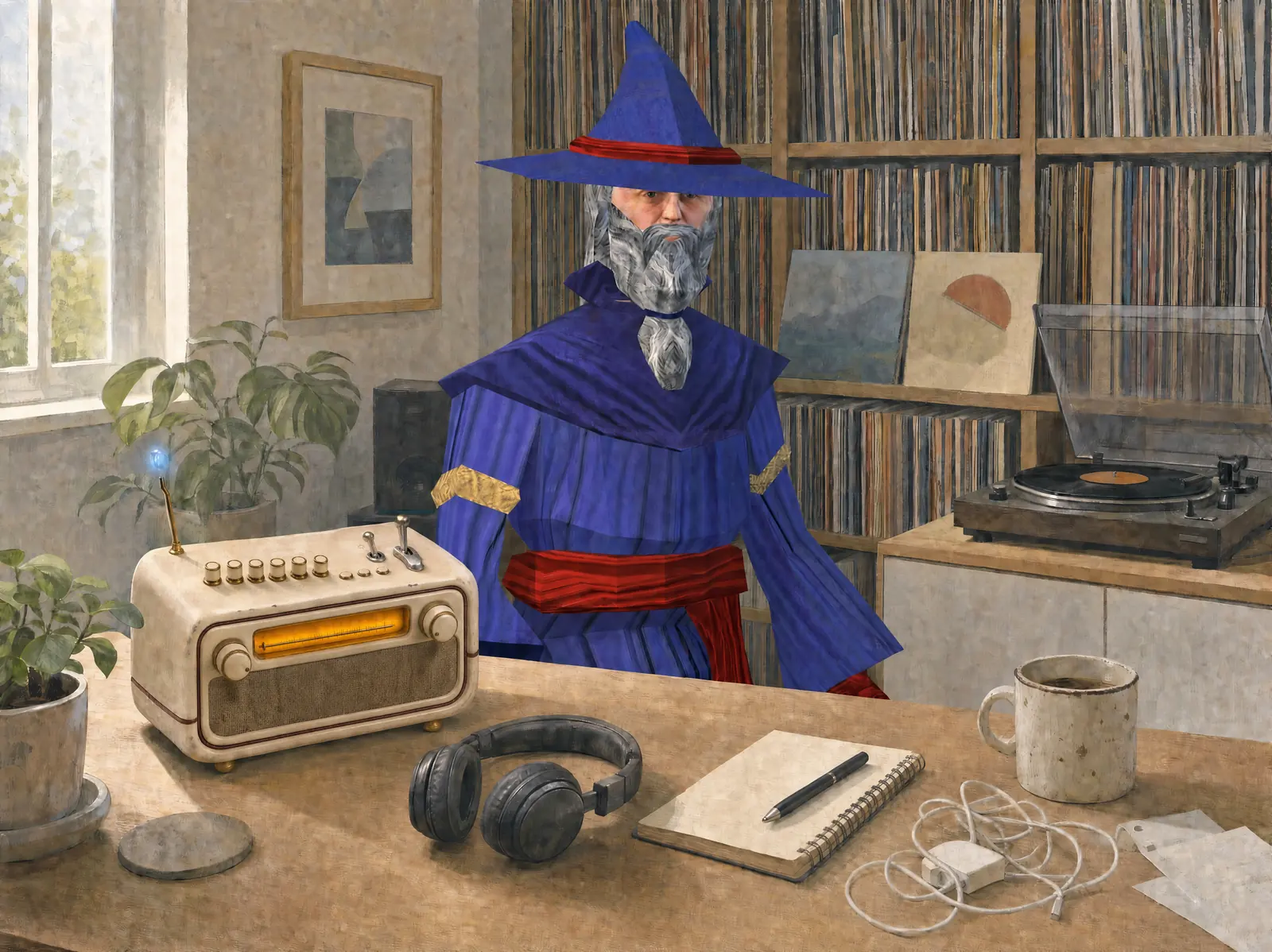 Daylight in the study: the Mana Box on the desk beside a notebook and headphones, its dial window glowing amber, a wall of records and a turntable behind, the owner in a blue robe at the desk.