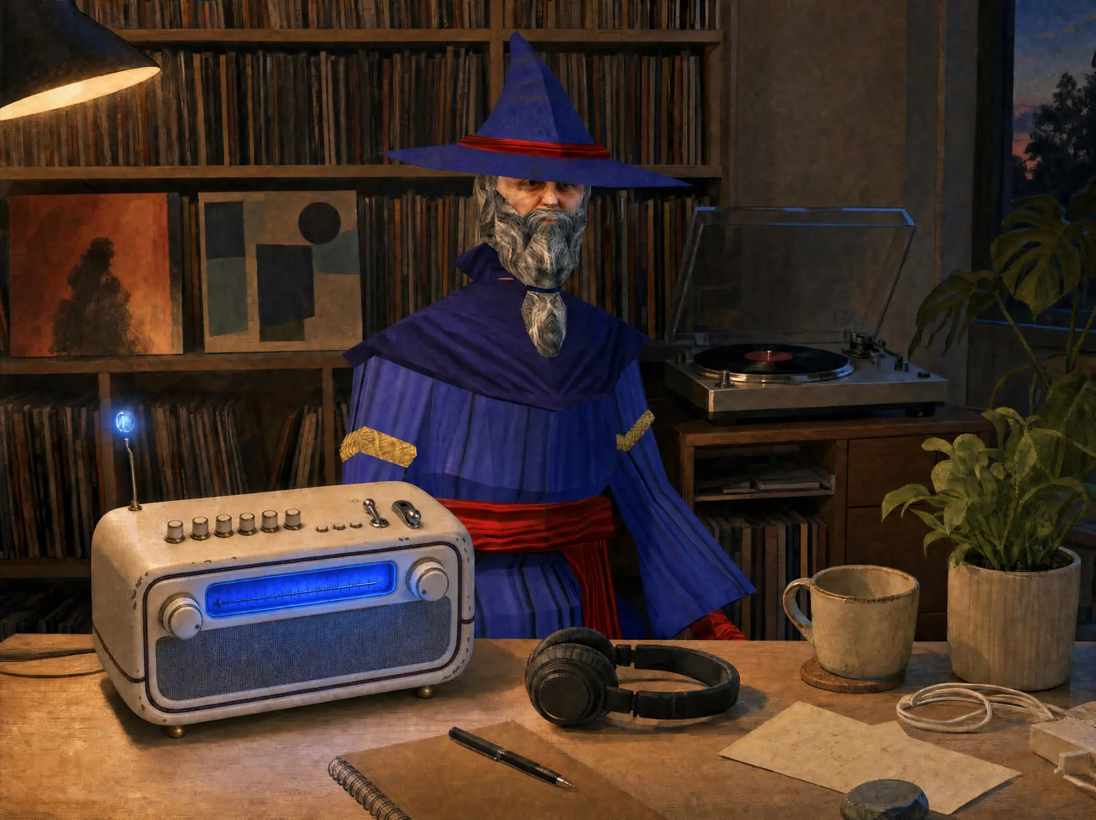The same study after dark, lit by one lamp: the Mana Box on the desk with its dial window glowing deep blue, the records and turntable behind it in shadow, the owner in the same blue robe at the desk.