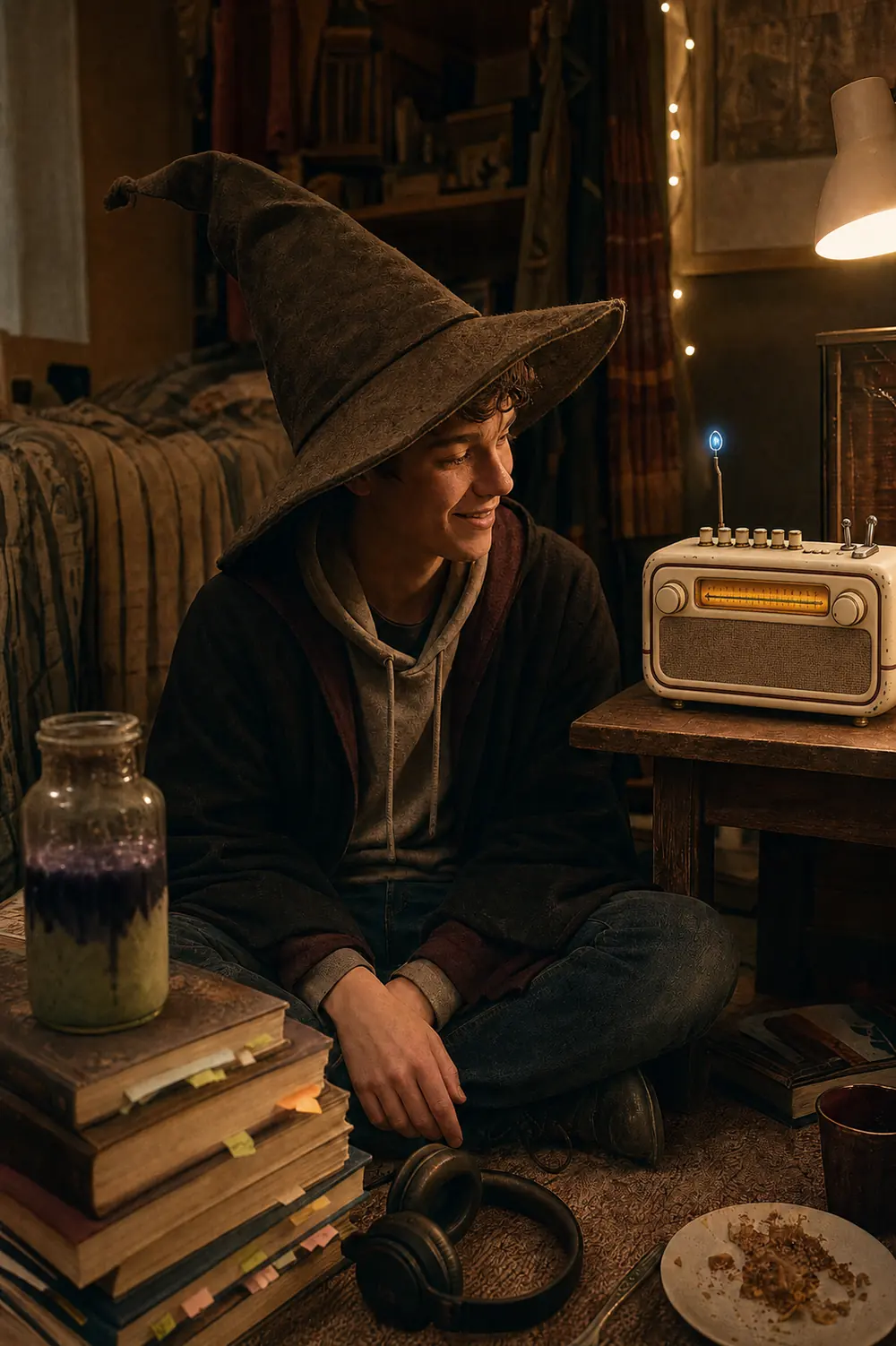 A young man in an oversized grey pointed hat with a hoodie worn under his robe, sitting on the floor of a small bedroom among stacked textbooks, headphones and a jar of layered potion that is going badly. Fairy lights hang on the wall behind him. The Mana Box is on a low table at his shoulder, dial lit amber, a small blue stone floating above the antenna.