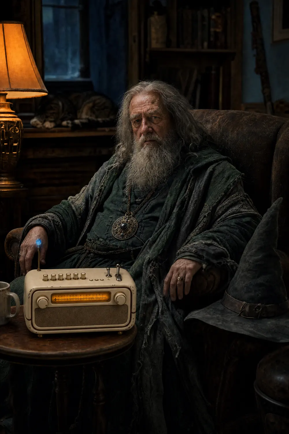 An older man with a long grey beard, a worn dark green robe and a heavy pendant, sitting low in an armchair in a lamp-lit front room. A spare pointed hat is parked on the chair beside him. His hand rests on the Mana Box on the table at his side, its dial lit amber and a small blue stone floating above the antenna.