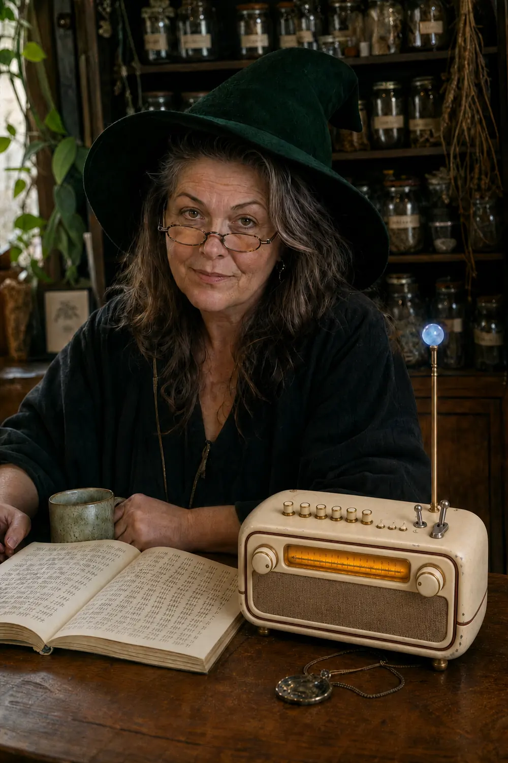 A woman in a deep green pointed hat and half-moon spectacles at a scrubbed table, shelves of labelled apothecary jars and bunches of drying herbs behind her, one hand around a stoneware mug. An open ledger of tally marks lies in front of her and the Mana Box stands beside it, dial lit amber, a small blue stone floating above the antenna. A pocket watch lies on the table.
