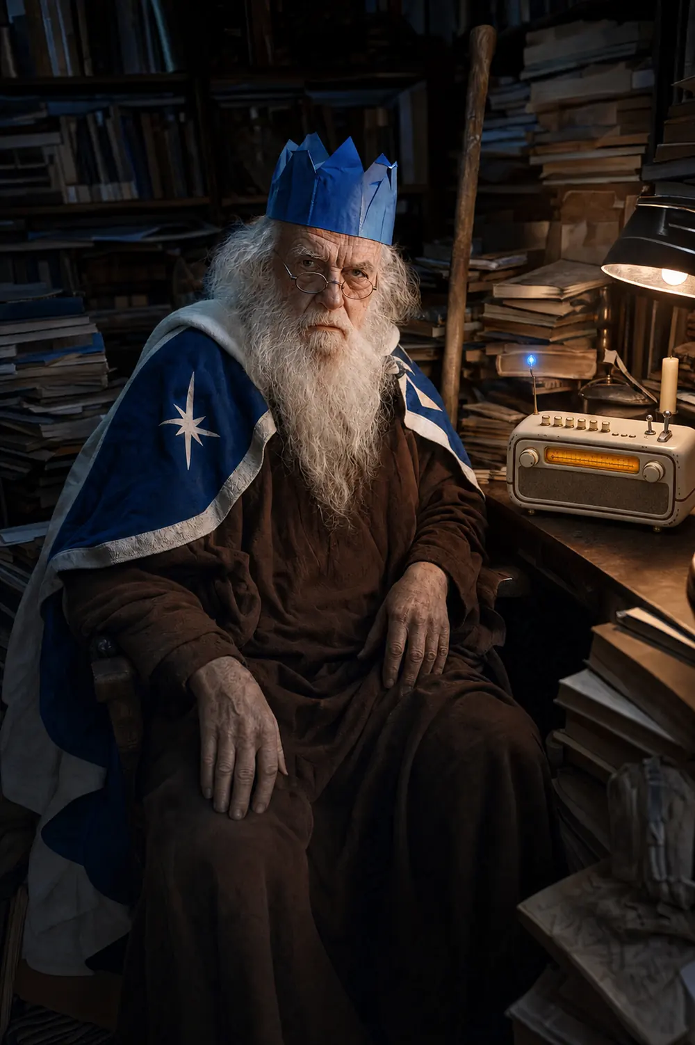 An old man with a long white beard and small round spectacles, wearing a blue paper crown and a blue and white star cape over brown robes, sitting in a study walled floor to ceiling with books. A staff leans against the shelves behind him. On the desk at his side the Mana Box plays under an anglepoise lamp, its dial lit amber and a small blue stone floating above the antenna.