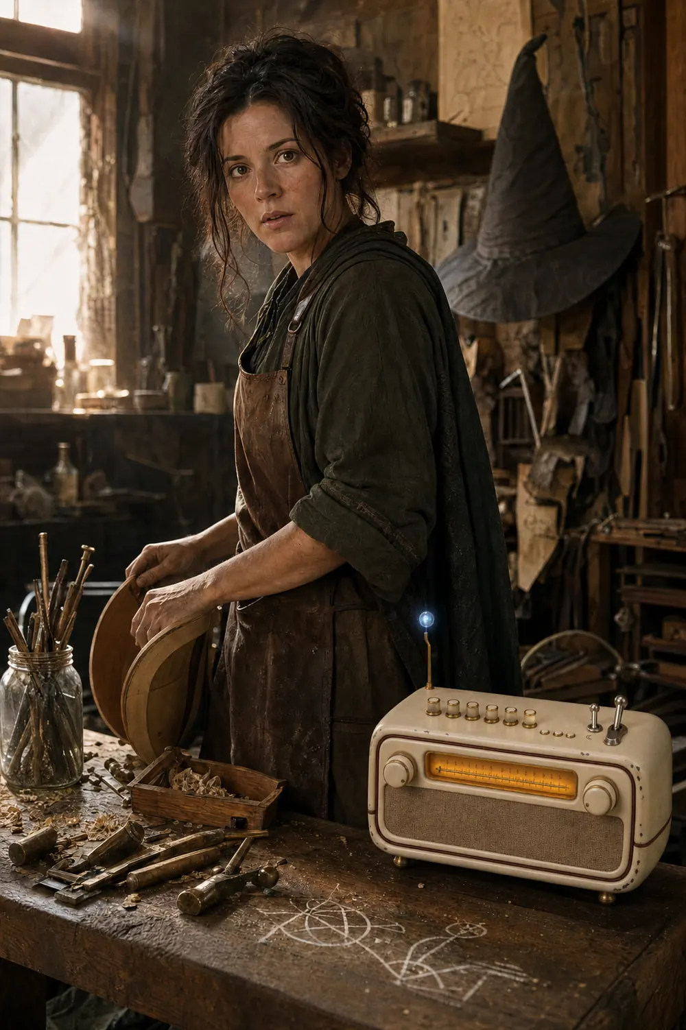 A woman in a heavy leather apron over a green working robe at a workshop bench, holding the half-built side of a wooden case. Her pointed hat hangs on the wall behind her. Chalk sigils are drawn on the bench edge and the Mana Box stands at the end of it, dial lit amber, a small blue stone floating above the antenna.